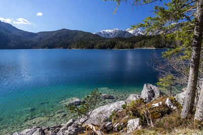 Scenic view of lake and mountains against sky