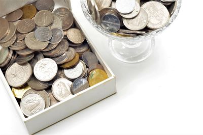 High angle view of coins