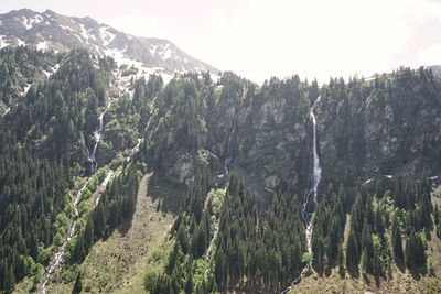 Panoramic view of trees and mountains against sky