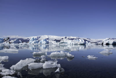 Scenic view of frozen lake against clear blue sky