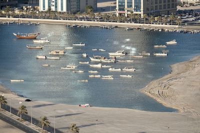 High angle view of boats in sea