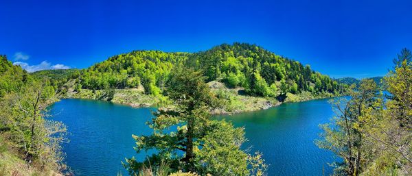 Scenic view of lake against clear blue sky