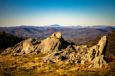 Scenic view of rocky mountains against clear sky