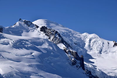 Low angle view of snowcapped mountains against clear blue sky