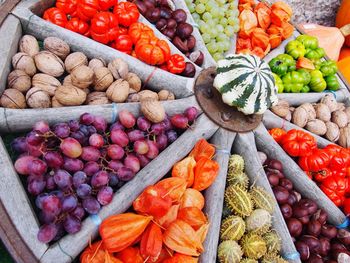 High angle view of fruits in market stall