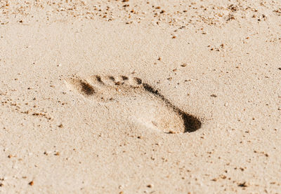 Foot print in sand, closeup, beach.