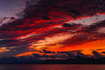 Scenic view of dramatic sky over sea during sunset