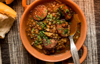 Directly above shot of soup in bowl on table