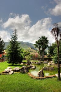 Scenic view of trees and mountains against sky