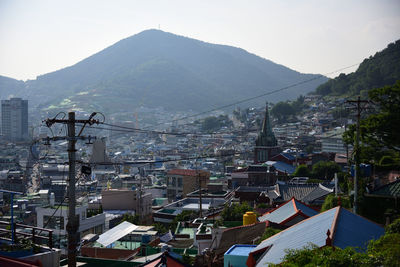 High angle view of townscape and mountains against sky