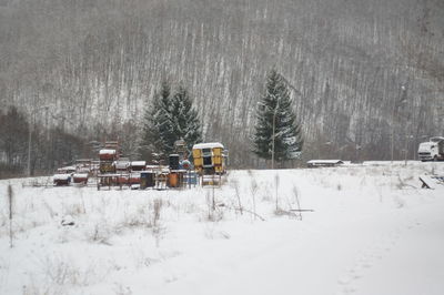 Lifeguard hut on field during winter