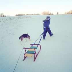 Rear view of child pulling sled by dog on snow covered hill