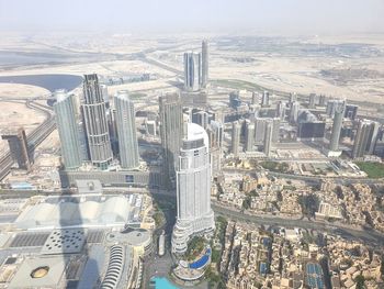 High angle view of modern buildings in city