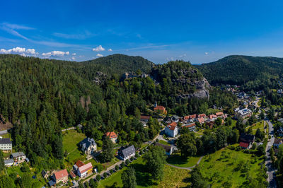 Panoramic view of mount oybin and the ruins of the monastery church and the castle, germany. 