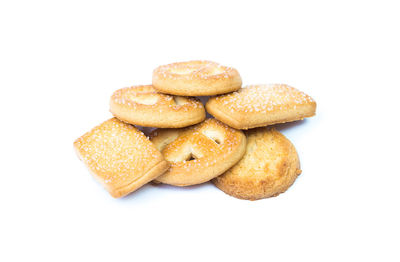 Close-up of cookies against white background