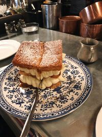 High angle view of cake in plate on table