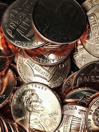 Close-up high angle view of coins