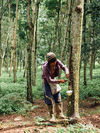 Man standing by tree trunk in forest