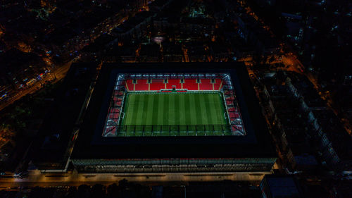 High angle view of illuminated building