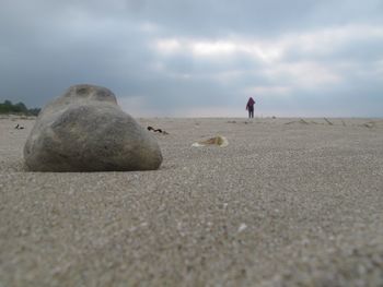 Man walking on beach against sky