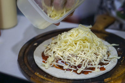 High angle view of noodles in plate on table