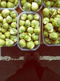 Directly above shot of cabbages displayed in containers in front of man