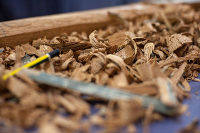 Close-up of wood shavings on table