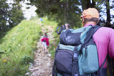 Rear view of hiker with backpack on mountain