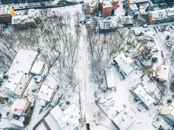 High angle view of snow on cityscape