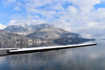 Scenic view of lake by snowcapped mountains against sky