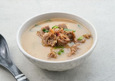 High angle view of soup in bowl on table
