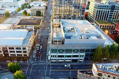 High angle view of street amidst buildings in city