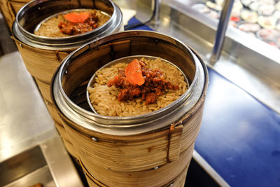 High angle view of food in bowl on table