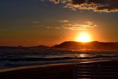 Scenic view of beach against sky during sunset