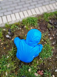 High angle view of blue umbrella on land