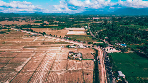 Aerial view, rice field after harvest is finished will spread the soil again