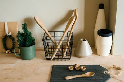 Scandinavian style kitchen utensils. wooden cutting boards, wooden spoons and shovels. tree 