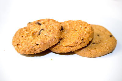 Close-up of cookies in plate against white background