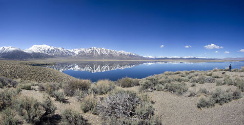 Scenic view of snowcapped mountains against clear blue sky