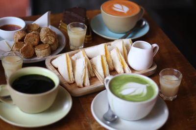 High angle view of breakfast on table