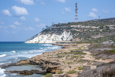 Mediterranean sea, white chalk rocks and some beaches captured from rosh hanikra formation in israel