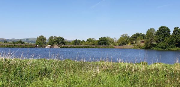 Scenic view of lake against clear sky