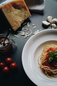 High angle view of pasta in plate on table