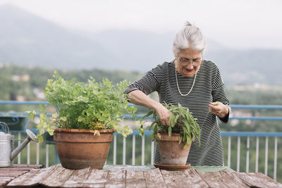 Senior woman with potted plants on her roof terrace, belluno, italy