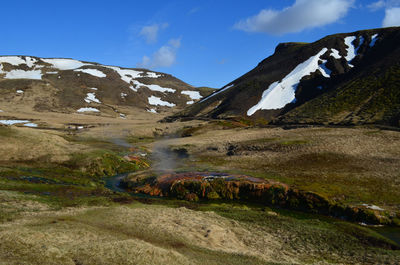 Hot steam rising from a flowing hot spring in rural iceland.