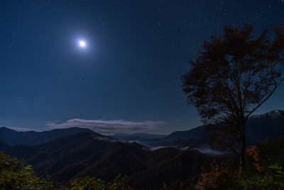 Scenic view of mountains against sky at night