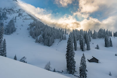 Scenic view of snow covered mountains against sky