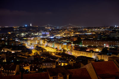 High angle shot of illuminated cityscape against sky at night