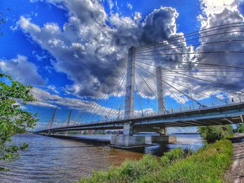 View of suspension bridge against cloudy sky