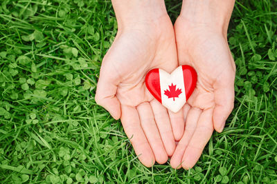 Human hands holding round badge with canadian flag symbol. canada day national celebration 